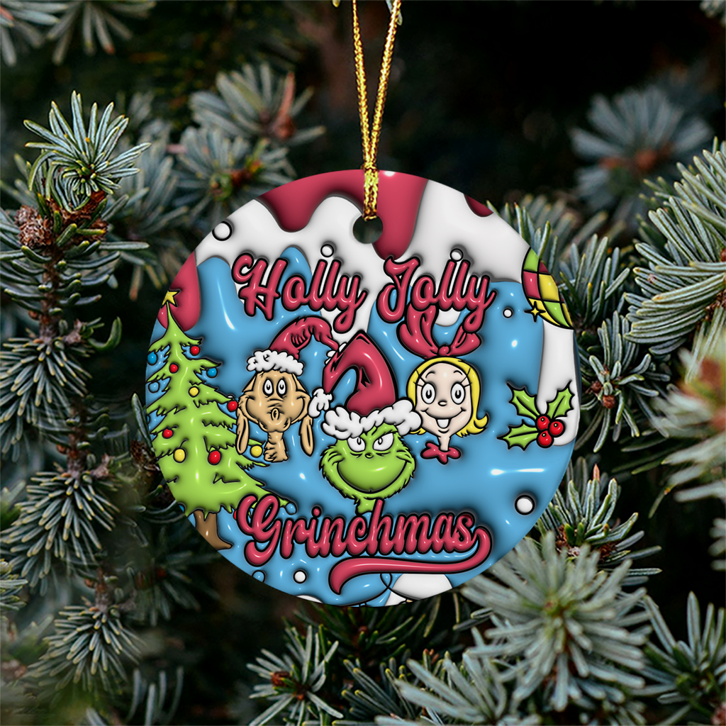 3D Inflated Christmas Grinchy Ornament V8, 3D Christmas Round Ornament Sublimation, Merry Christmas 2024 Grinchy Ornament