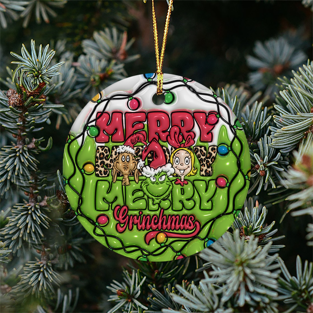 3D Inflated Christmas Grinchy Ornament V4, 3D Christmas Round Ornament Sublimation, Merry Christmas 2024 Grinchy Ornament