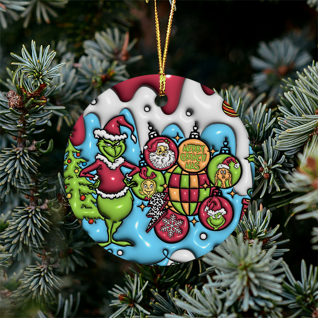 3D Inflated Christmas Grinchy Ornament V10, 3D Christmas Round Ornament Sublimation, Merry Christmas 2024 Grinchy Ornament