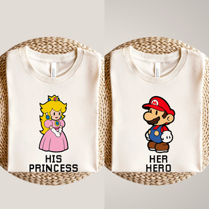 Her Hero and His Princess Matching Couples Shirts, Super Mario Valentines Day Shirt, Valentines Day Gift for Her, Couple Valentine Day Shirt