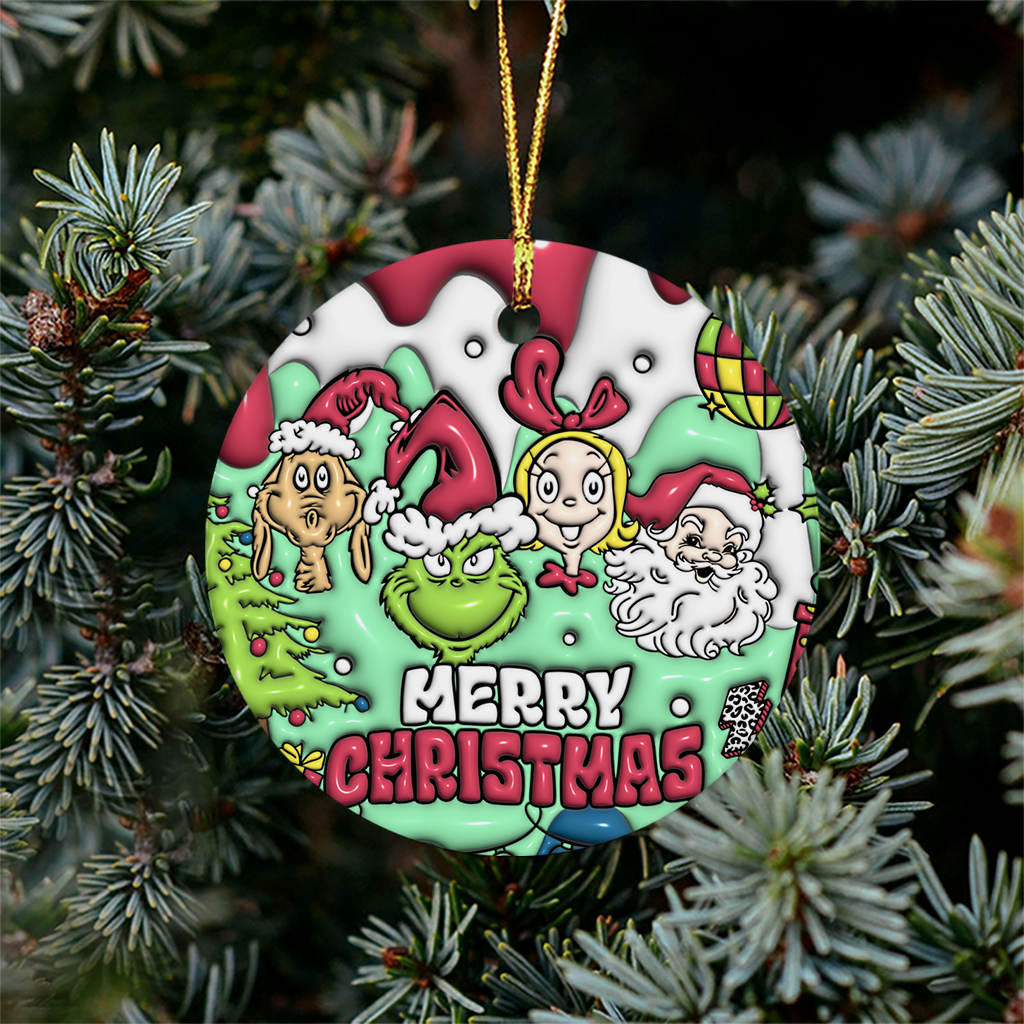 3D Inflated Christmas Grinchy Ornament V9, 3D Christmas Round Ornament Sublimation, Merry Christmas 2024 Grinchy Ornament