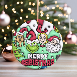 3D Inflated Christmas Grinchy Ornament V9, 3D Christmas Round Ornament Sublimation, Merry Christmas 2024 Grinchy Ornament