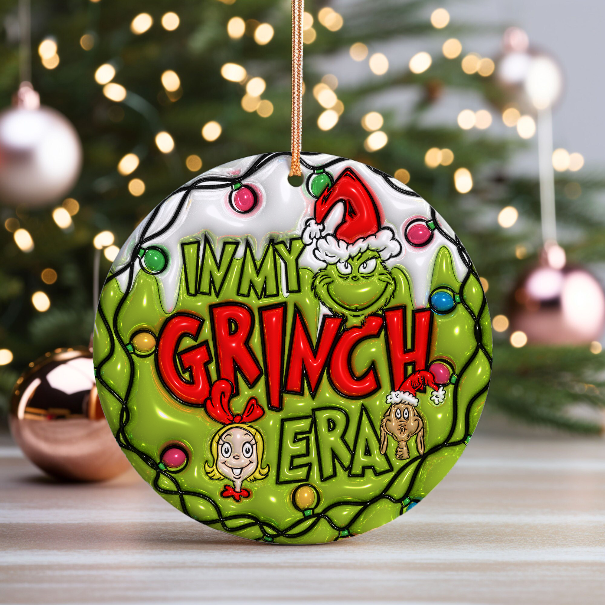 3D Inflated Christmas Grinchy Ornament V2, 3D Christmas Round Ornament Sublimation, Merry Christmas 2024 Grinchy Ornament