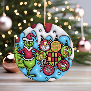 3D Inflated Christmas Grinchy Ornament V10, 3D Christmas Round Ornament Sublimation, Merry Christmas 2024 Grinchy Ornament