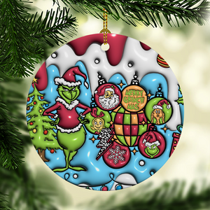 3D Inflated Christmas Grinchy Ornament V10, 3D Christmas Round Ornament Sublimation, Merry Christmas 2024 Grinchy Ornament