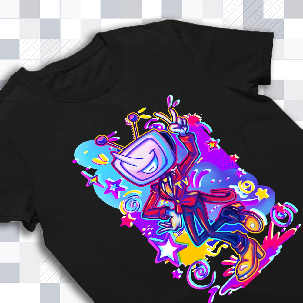 Close-up of the Mr. Ant Tenna graphic print on the DELTARUNE merch t-shirt, highlighting vibrant character details