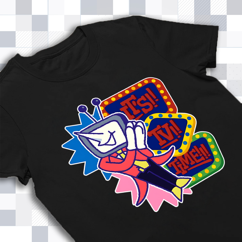 Close-up of the Mr. Ant Tenna and 'It's TV time' text print on the DELTARUNE merch t-shirt, highlighting vibrant details