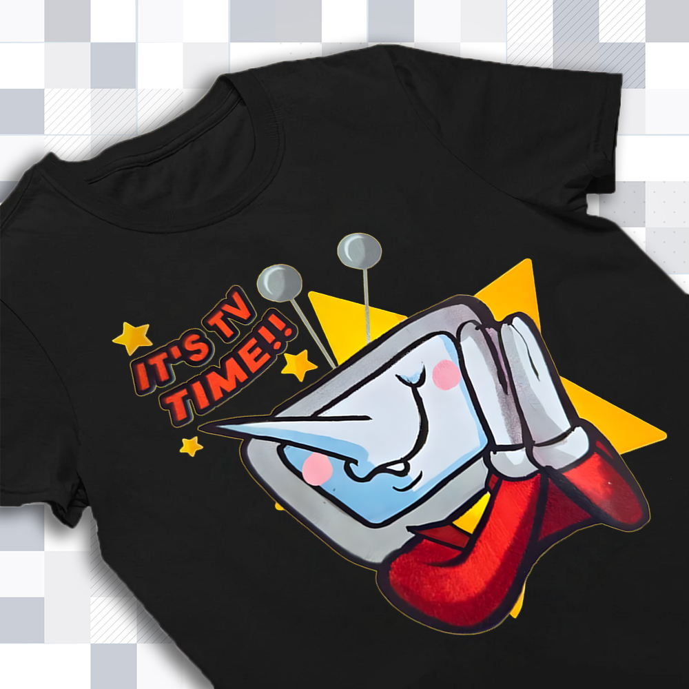 Close-up of the Mr. Ant Tenna and 'It's TV time' text print on the DELTARUNE merch t-shirt, highlighting vibrant details