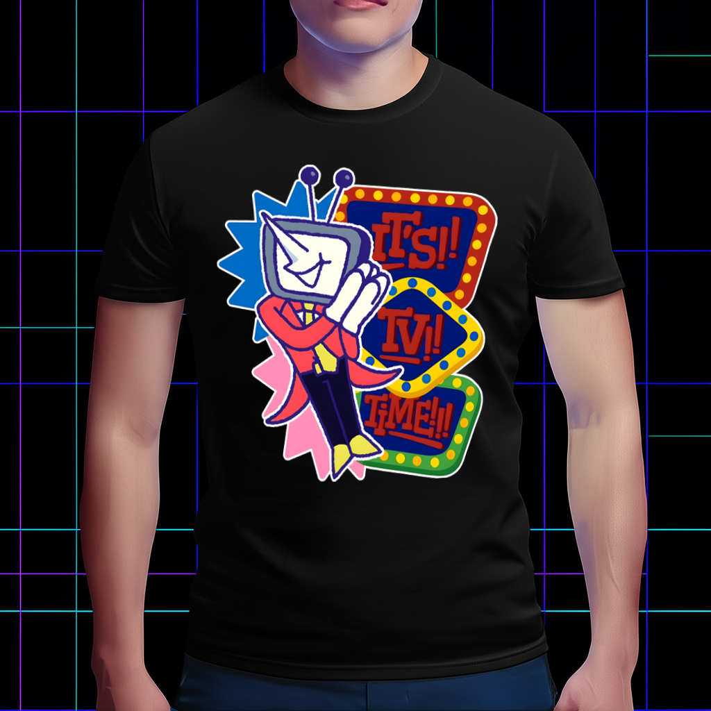 DELTARUNE Mr. Ant Tenna Screen Tee worn by a model, demonstrating its comfortable fit, essential DELTARUNE merch
