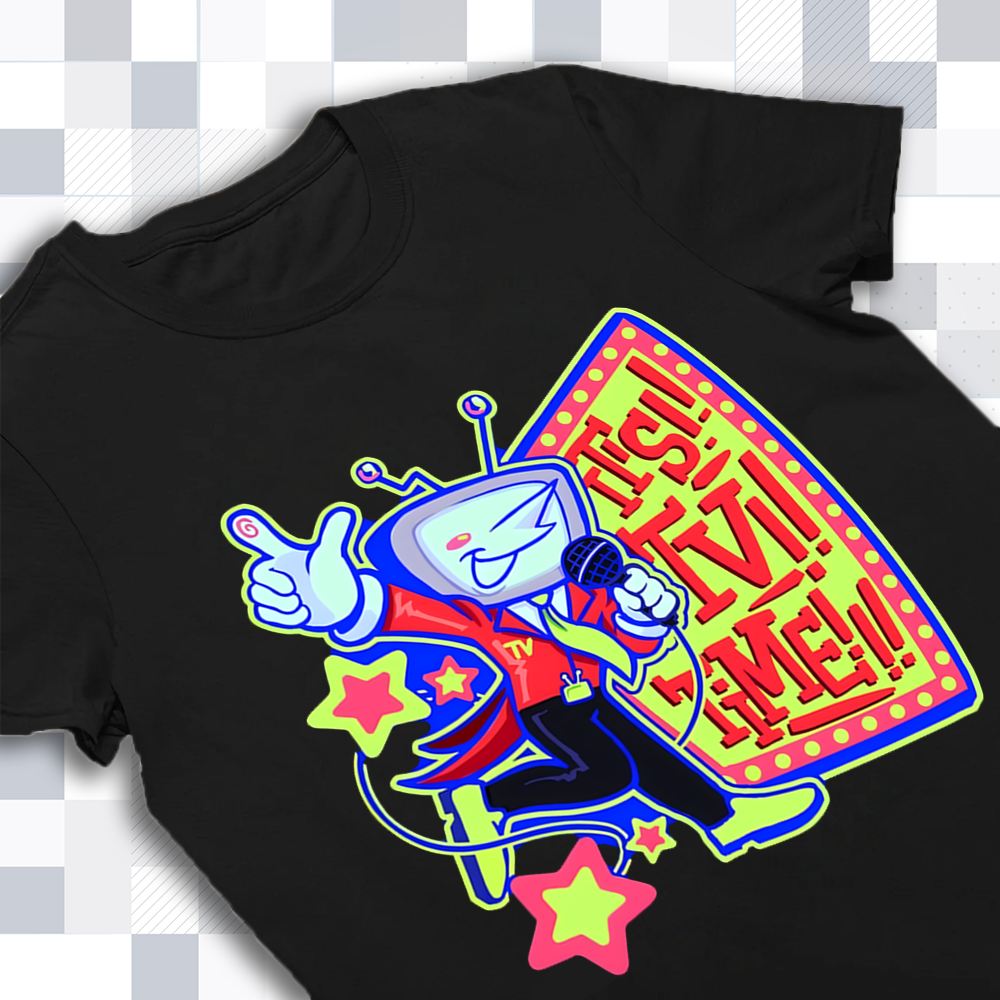 Close-up of the Mr. Ant Tenna and 'It's TV time' text print on the DELTARUNE merch t-shirt, highlighting vibrant details.