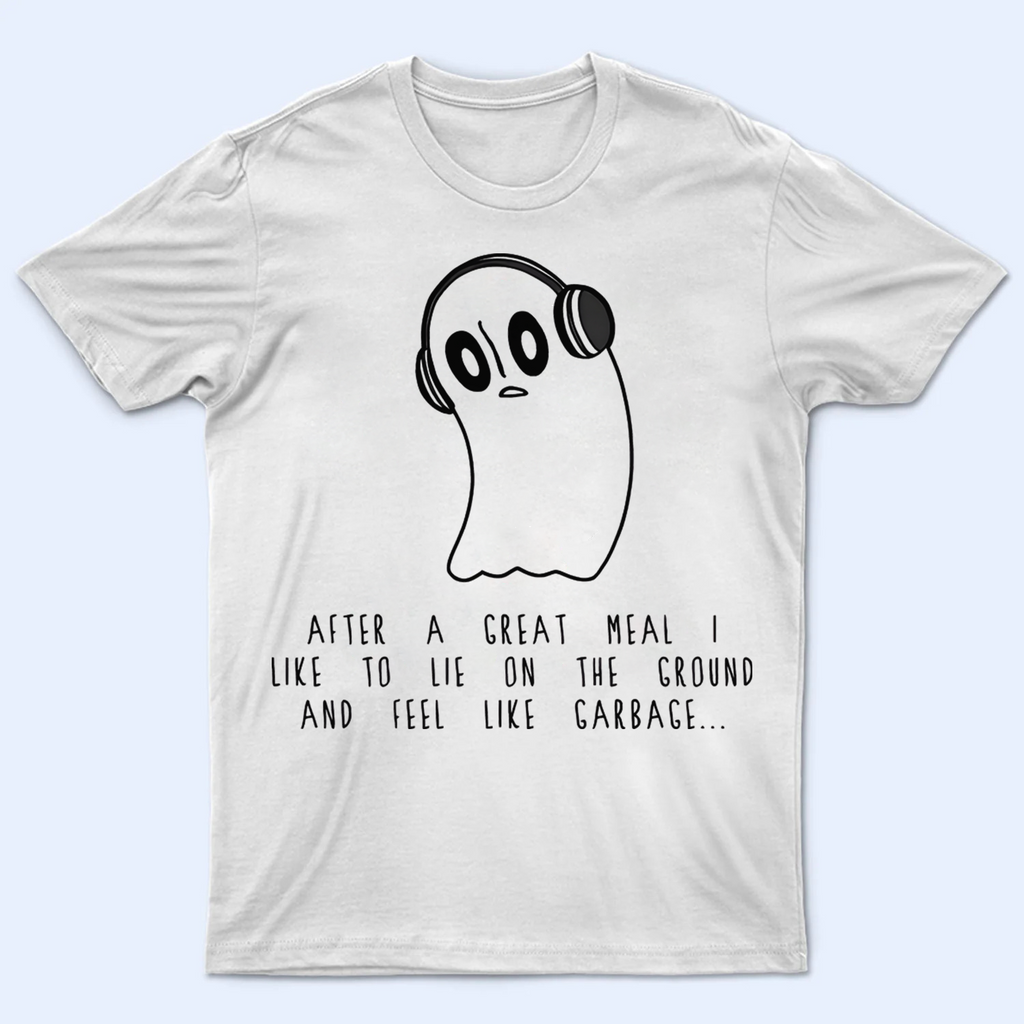 Close-up of Napstablook "Really Not Feeling Up To It Right Now, Sorry" shirt print, highlighting the ghost and text detail