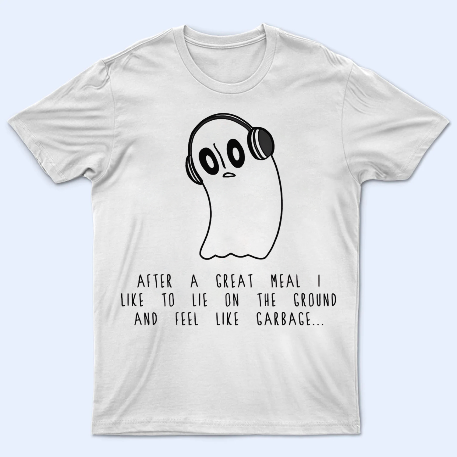 Close-up of Napstablook "Really Not Feeling Up To It Right Now, Sorry" shirt print, highlighting the ghost and text detail