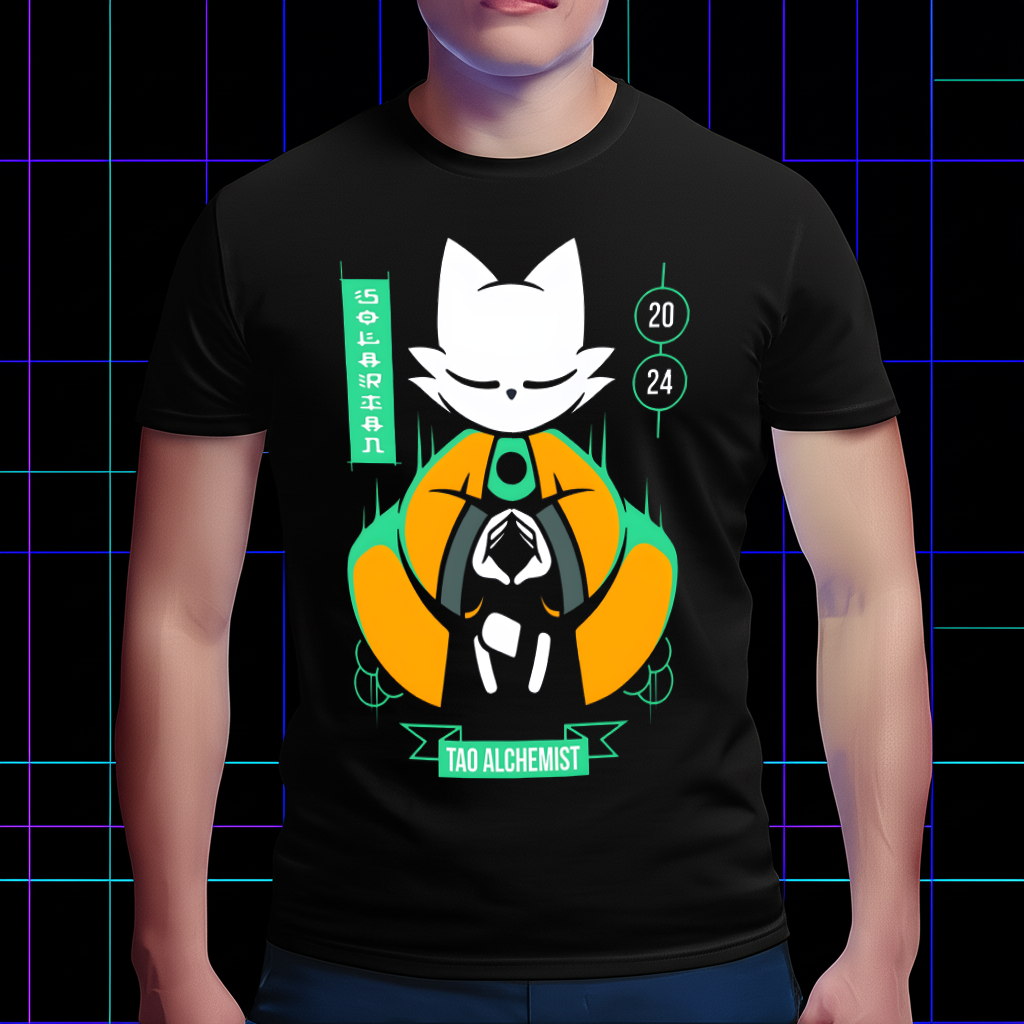 A person wearing the Nine Sols Yi "Tao Alchemist" T-shirt