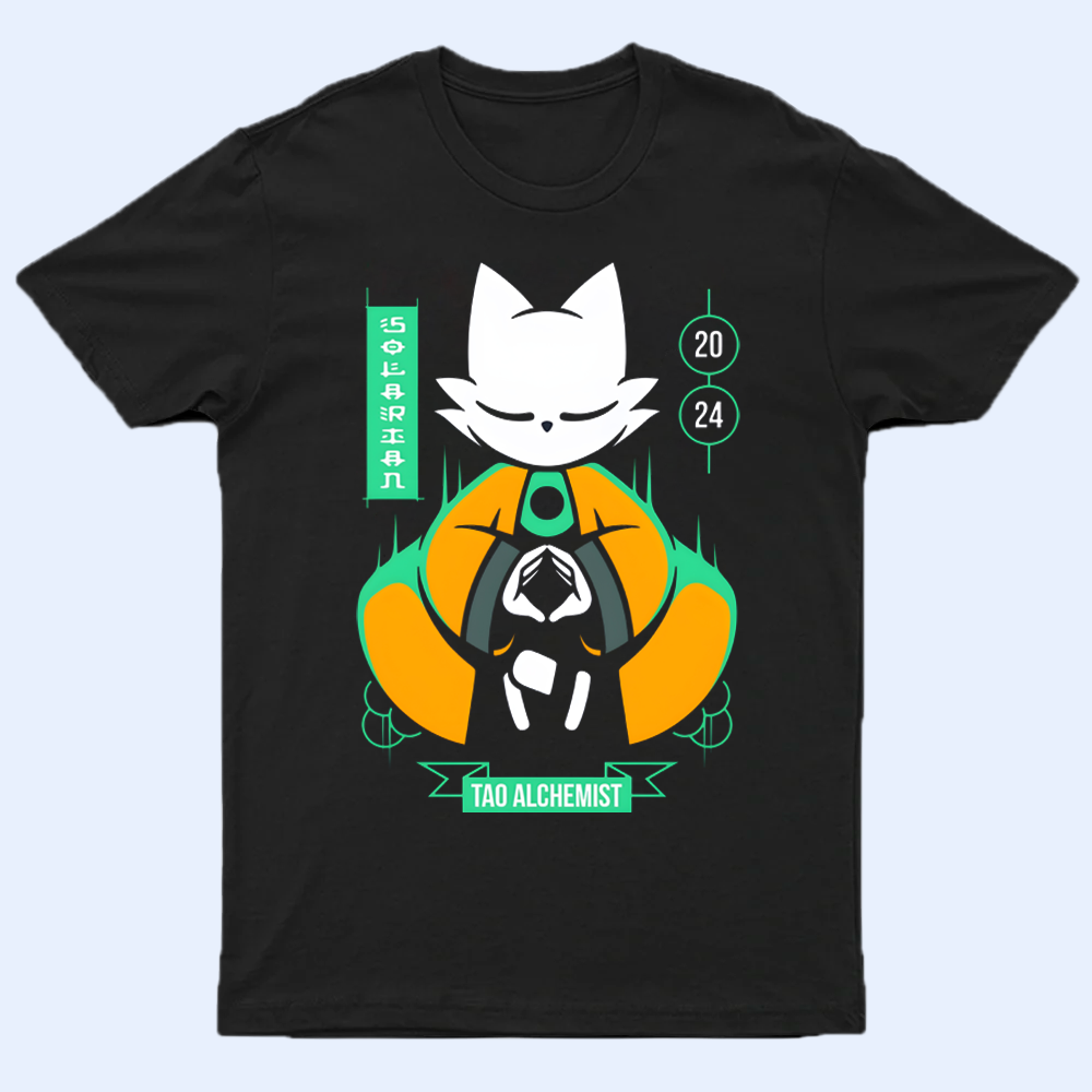 Front view of a Nine Sols shirt featuring a character design of Yi with "Tao Alchemist" text
