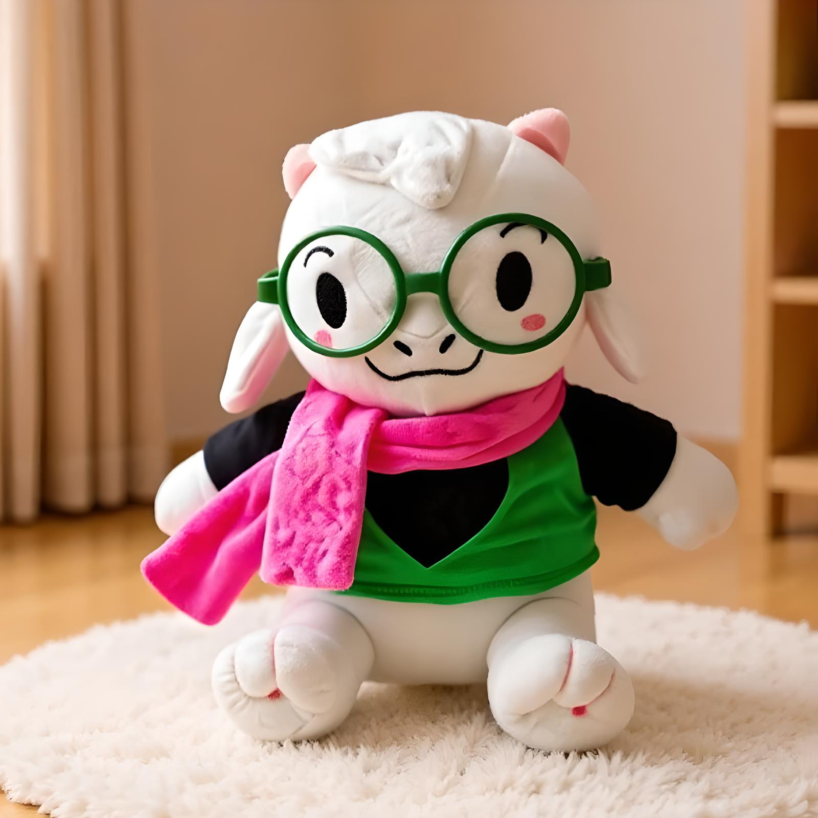 Side profile of the No Hat Ralsei Plush, showcasing the soft, realistic plush texture and tiny glasses.