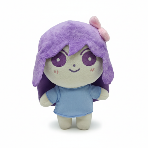 Front view of the Omori AUBREY Plush Toy, showing her pink hair, striped shirt, and determined expression, plush doll, Omori Merch.