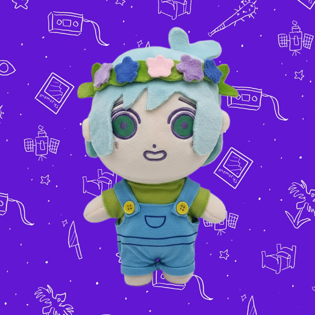 Front view of the Omori BASIL Plush Toy with game background from the game