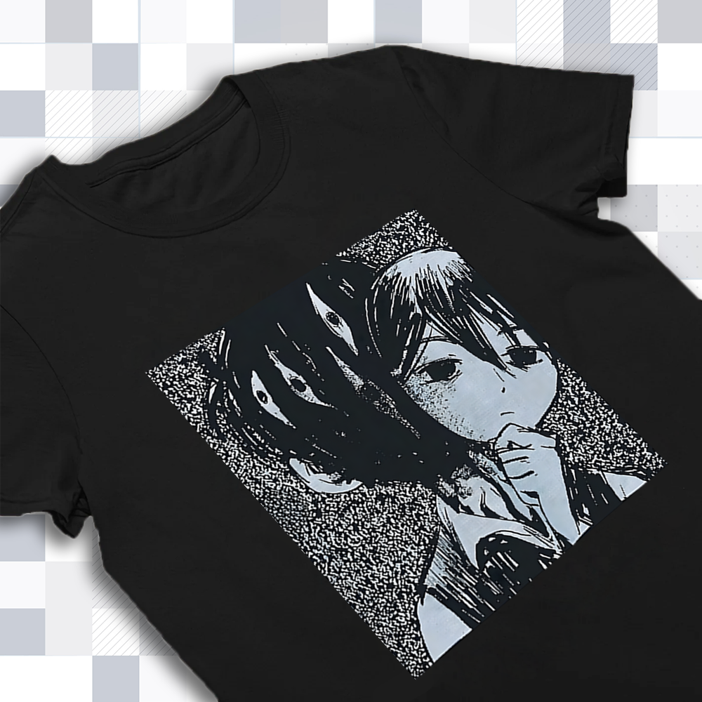 Close-up of the print on the Omori shirt, highlighting the intricate details of the 'face off' graphic. Omori Merch, fan apparel