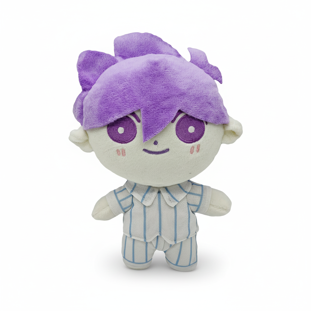 Front view of the Omori HERO Plush Toy, showing his kind expression and blue shirt, plush doll, Omori Merch.