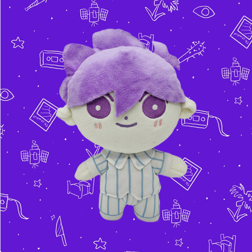 Front view of the Omori HERO Plush Toy with Omori theme background