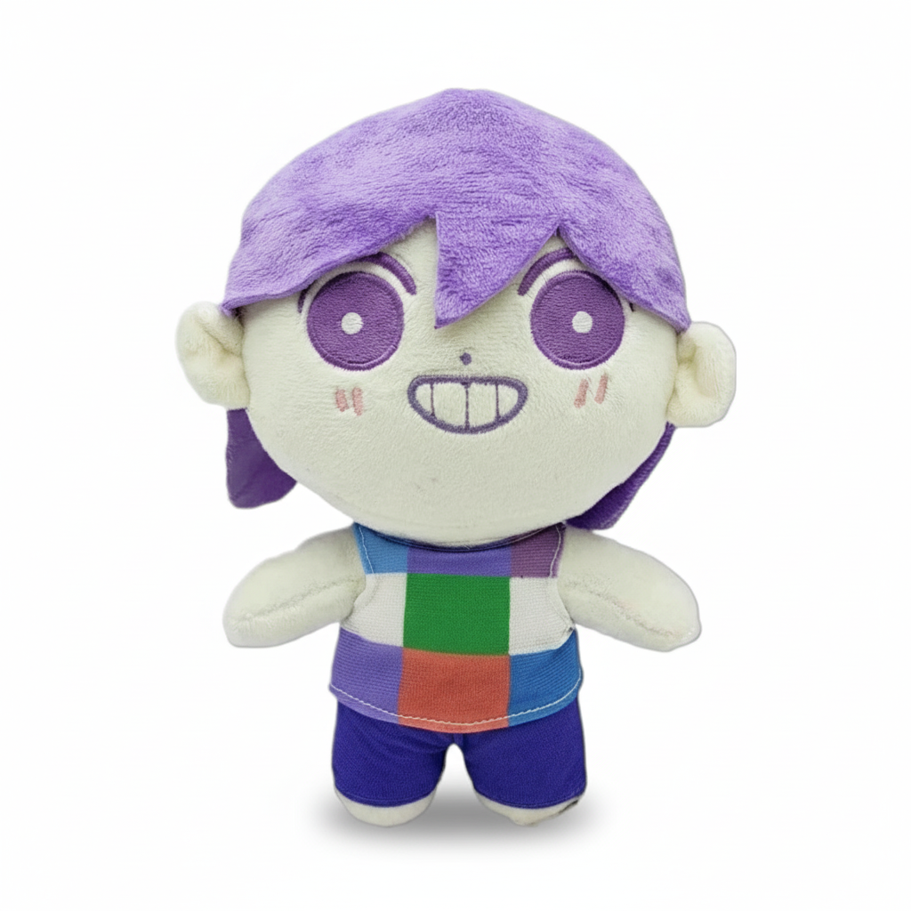 Front view of the Omori KEL Plush Toy, showing his orange shirt and shorts, plush doll, Omori Merch.