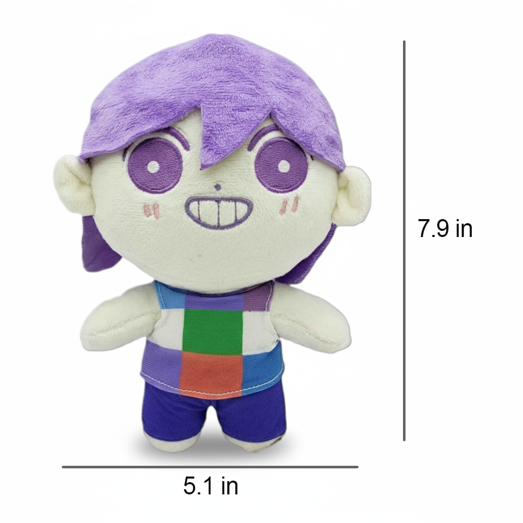 KEL Plush toy with purple hair and colorful outfit, shown with measurements on a white background
