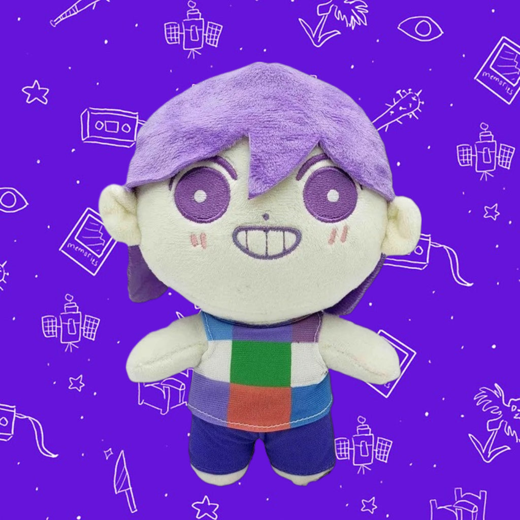 Front view of the Omori KEL Plush Toy with Omori background