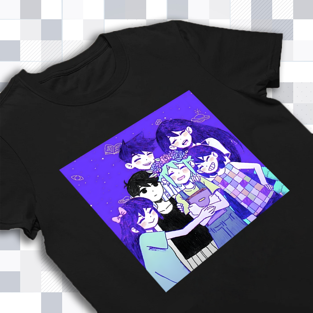 Close-up of the Omori Merch T-shirt print, highlighting the detailed illustrations of the Main Six party members