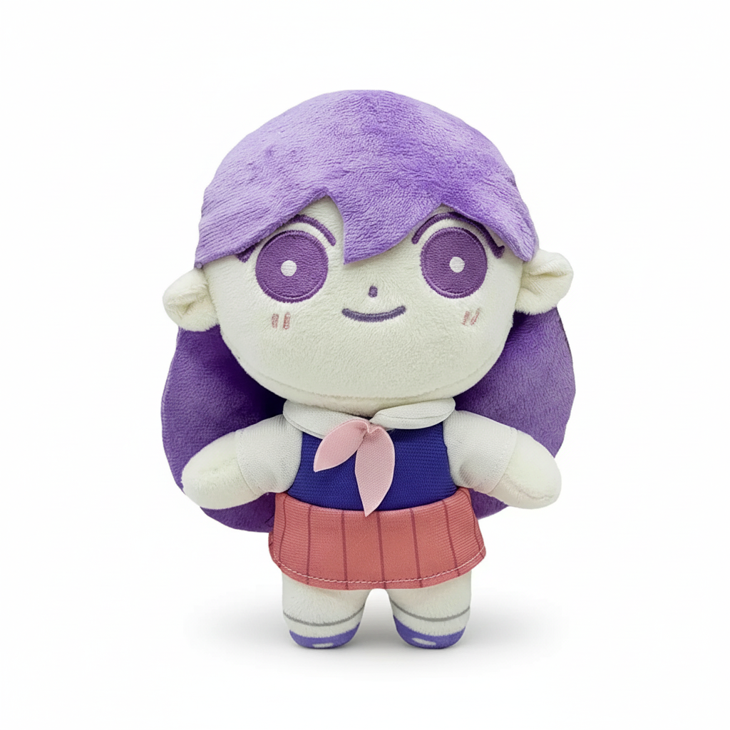 Front view of the Omori MARI Plush Toy, showing her white dress and dark hair, plush doll, Omori Merch.