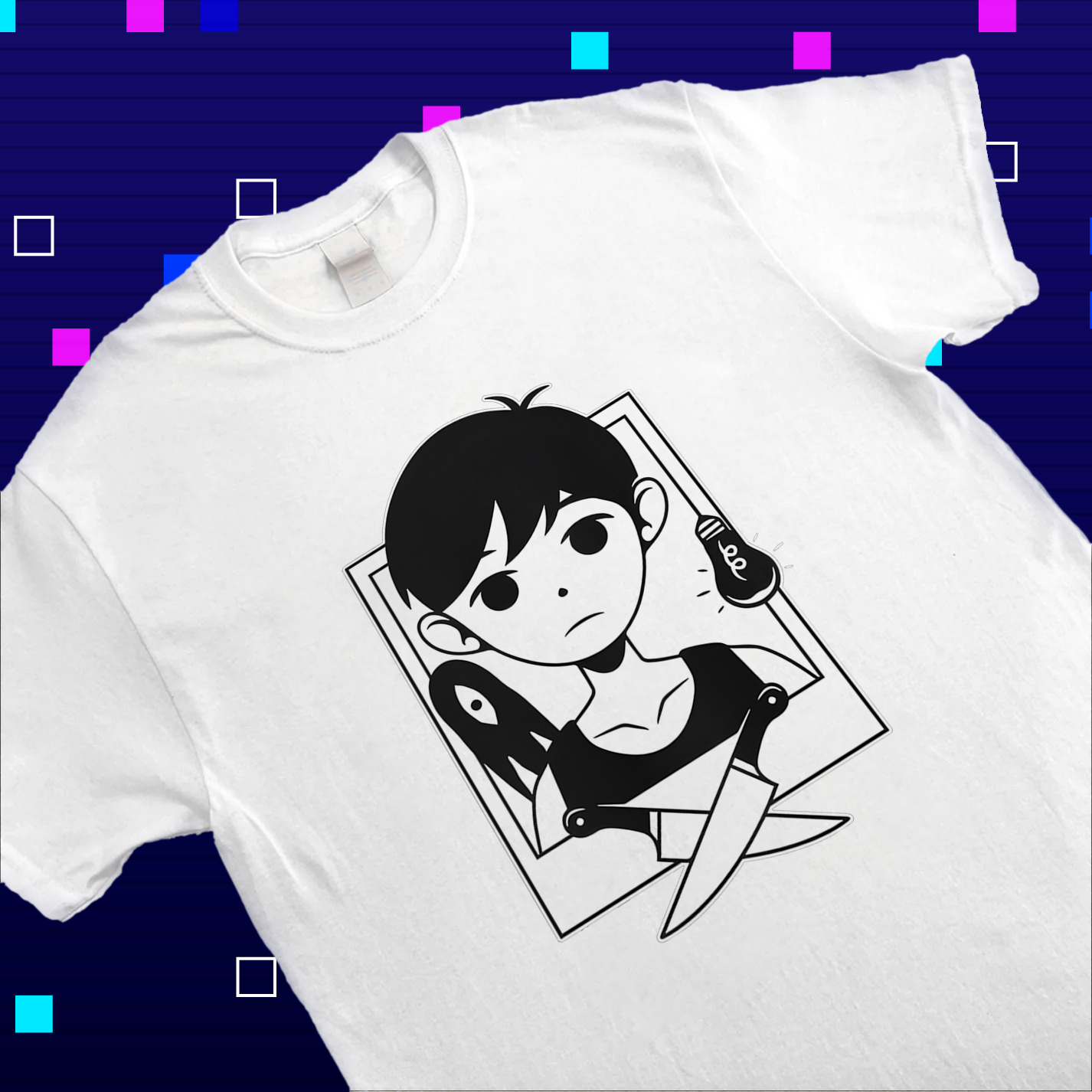 Close-up of the print on the Omori shirt, highlighting the sharp details of the monochrome portrait. Omori Merch, game apparel