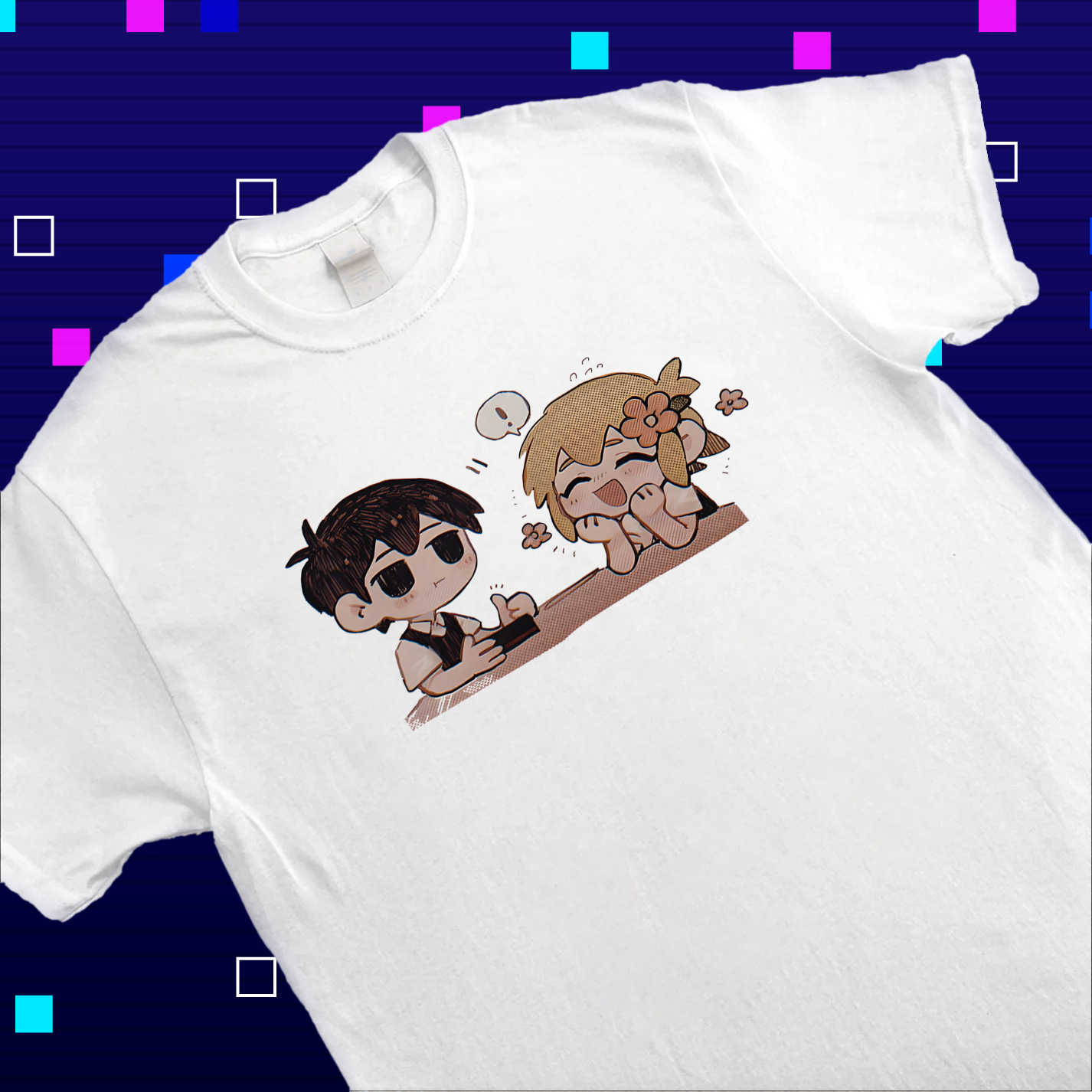 Close-up of the print on the Omori shirt, highlighting the details of Omori and Basil's design. Omori Merch, friendship fan art
