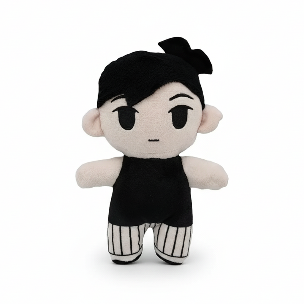 Front view of the Omori OMORI Plush Toy, showing his black outfit and serious expression, plush doll, Omori Merch.