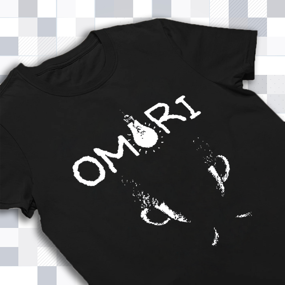 Close-up of the print on the Omori shirt, highlighting the crisp outline of the Omori silhouette. Omori Merch, iconic design.