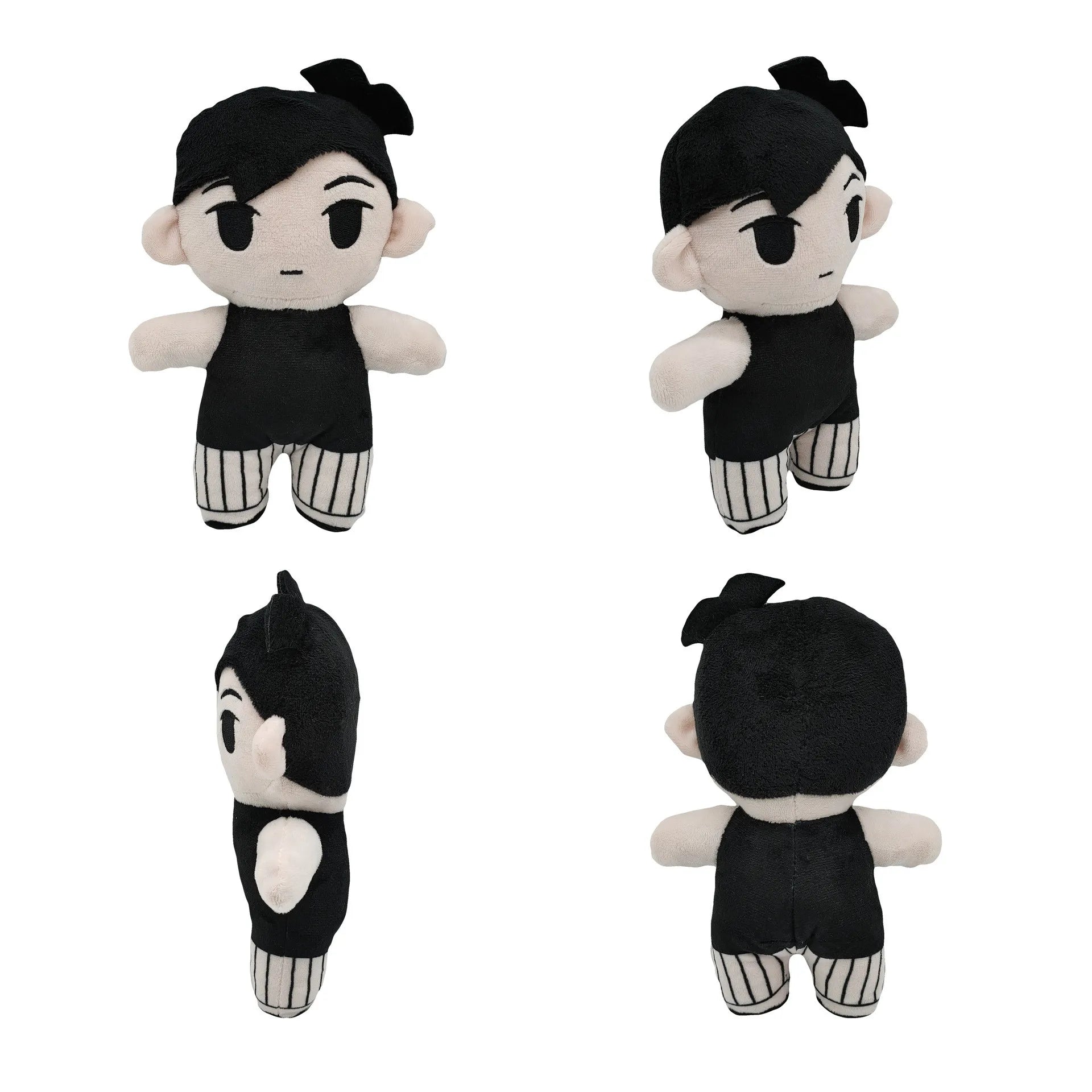 Close-up of the OMORI Plush Toy's face and eyes, highlighting the detailed stitching and monochrome color palette.