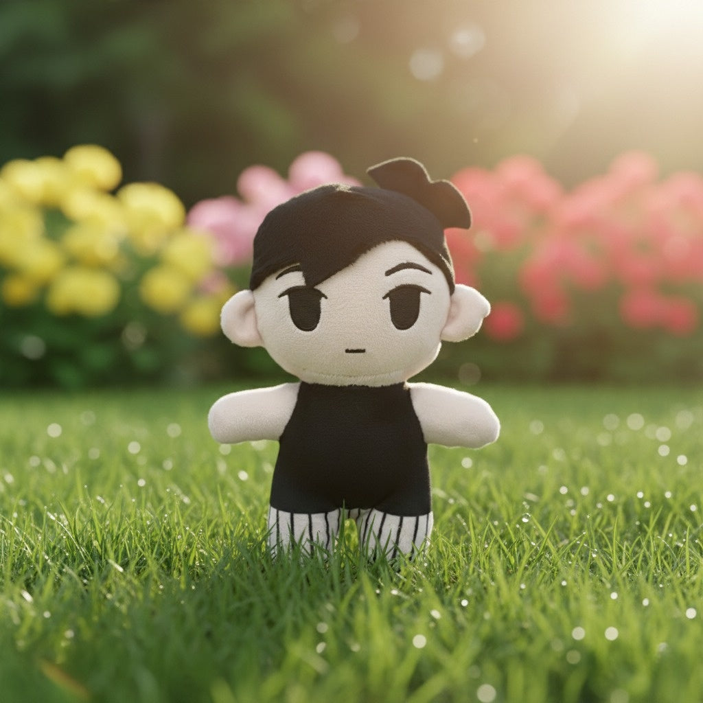 The Omori OMORI Plush Toy sitting in a stable pose, showing the doll's full body and quiet demeanor.