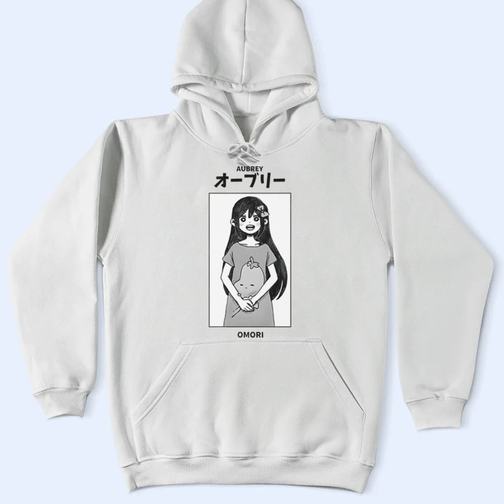 Beige hoodie with a graphic of Aubrey character and text on a light blue background