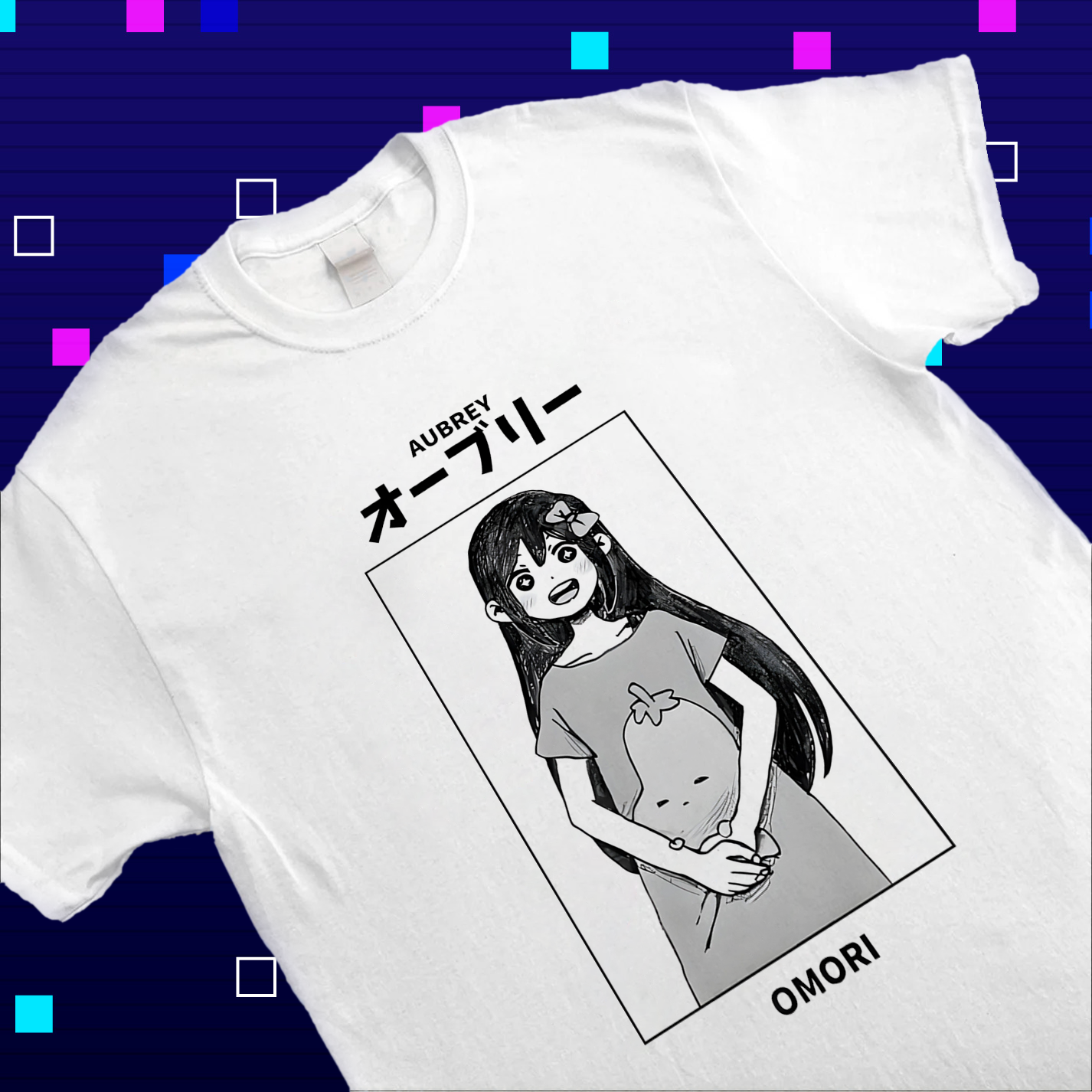 Close-up of the print on the Omori shirt, highlighting the details of Aubrey's design. Omori apparel, Aubrey fan art