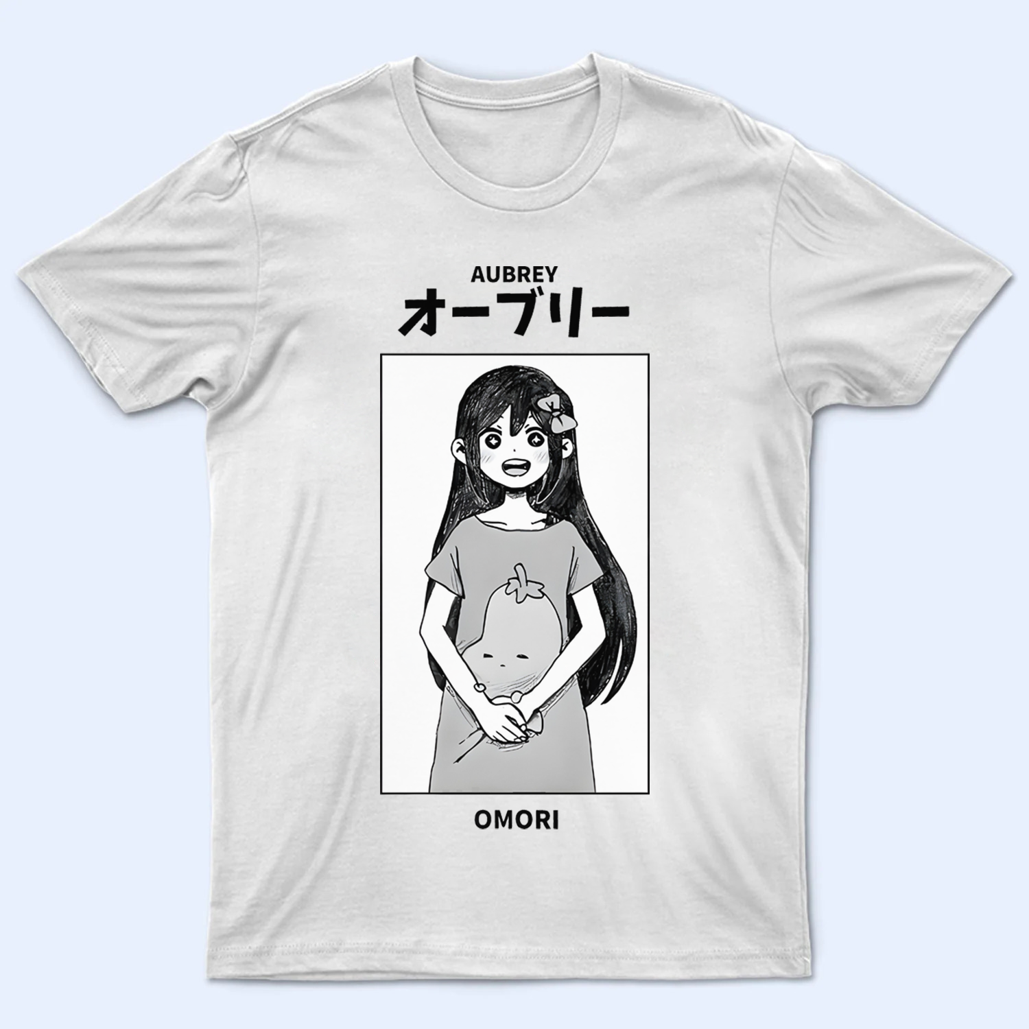 Front view of the Omori T-shirt, featuring the character Aubrey with her iconic pink hair and a baseball bat. Omori shirt, Aubrey character art