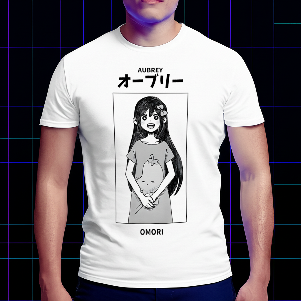 A model wearing the Omori Aubrey T-shirt in a lifestyle setting, showing the comfortable fit. Game-themed clothing, tribute fan wear
