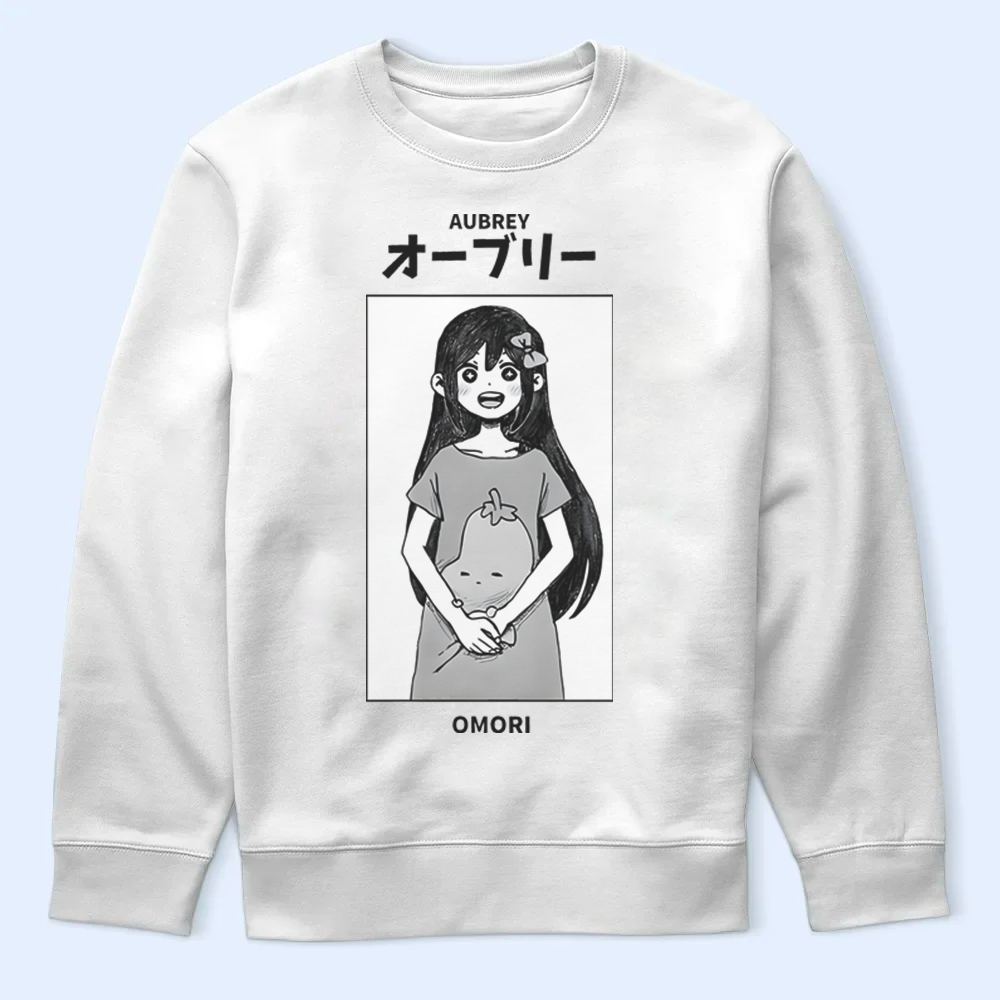 White sweatshirt with a graphic of Aubrey character and text on a light blue background