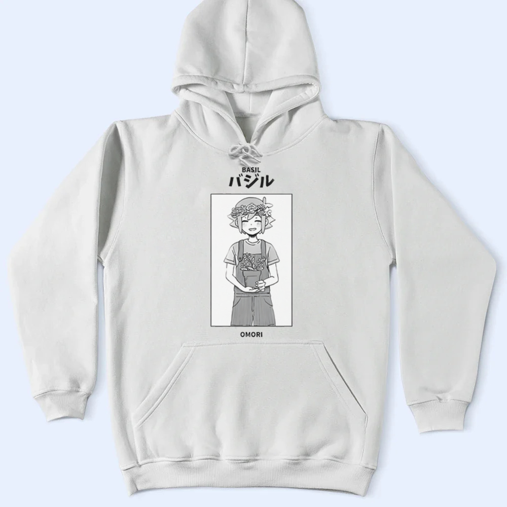 White hoodie with an Basil character graphic on a light blue background
