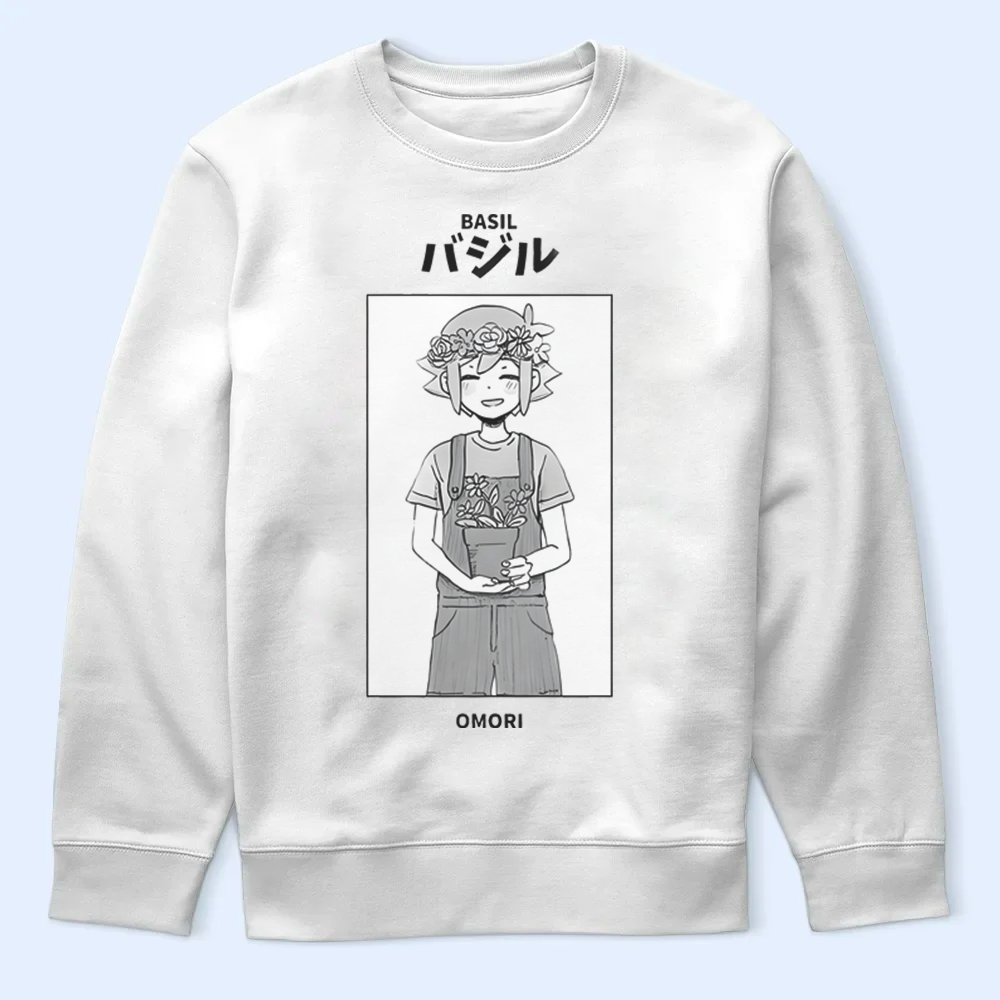 White sweatshirt with a graphic of Basil character on a light blue background