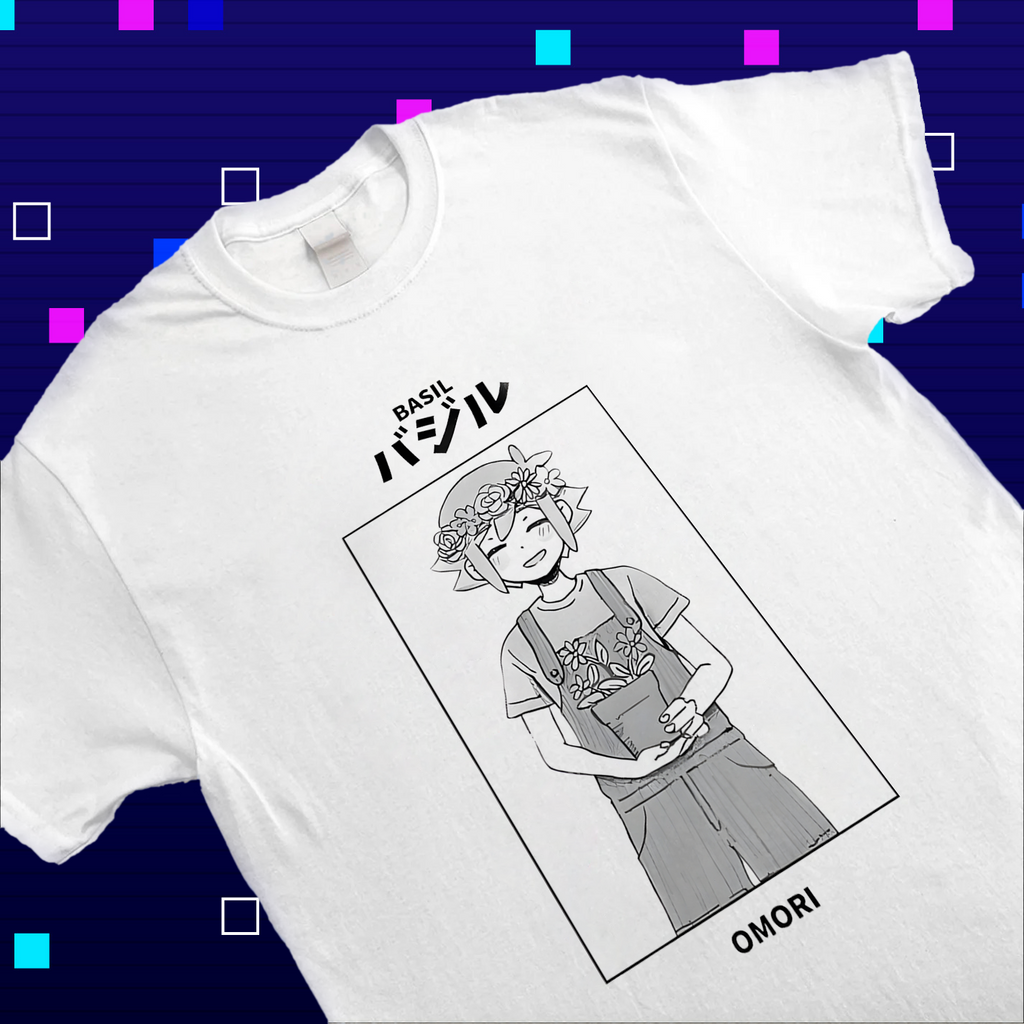 Close-up of the print on the Omori shirt, highlighting the details of Basil's design and the sunflowers. Omori apparel, Basil fan art