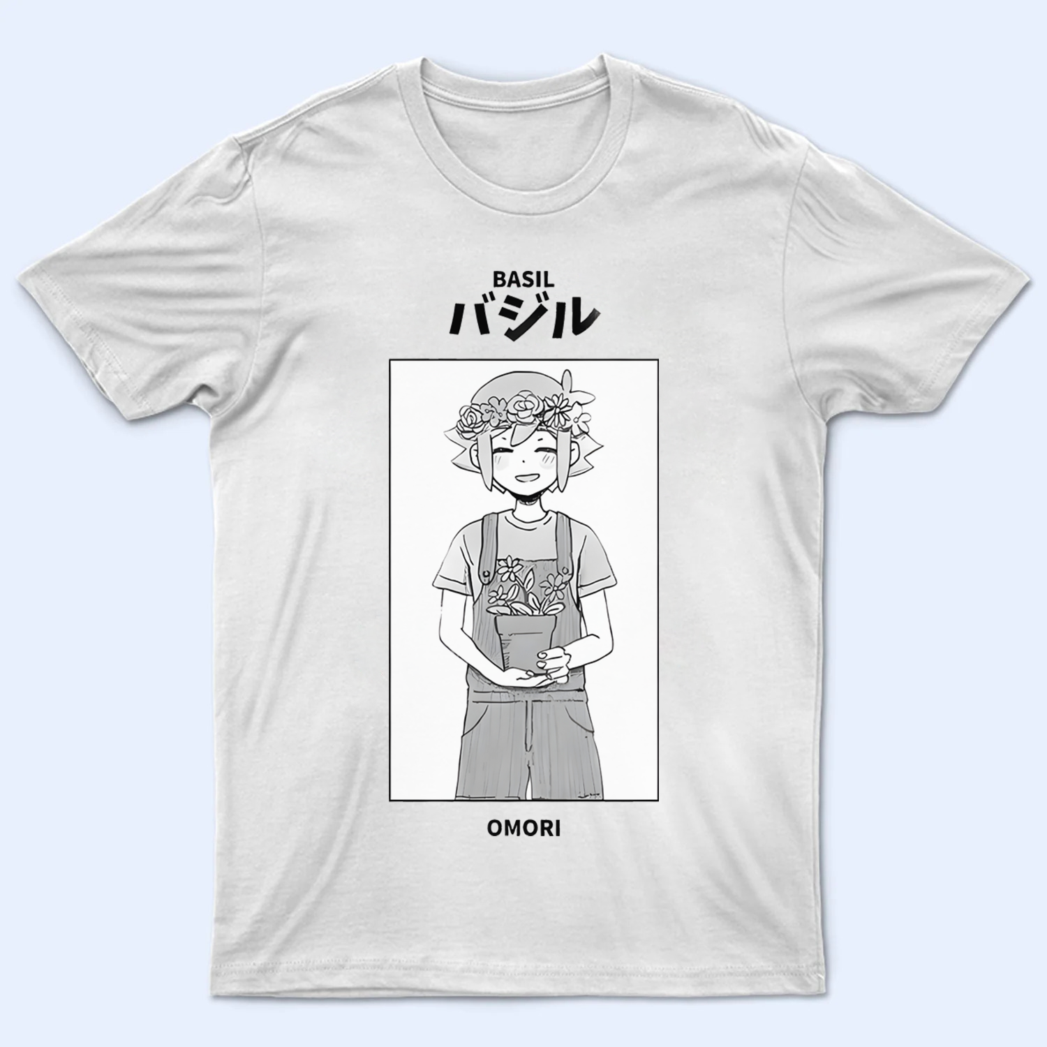 Front view of the Omori T-shirt, featuring the character Basil with his camera and a flower crown. Omori shirt, Basil character art