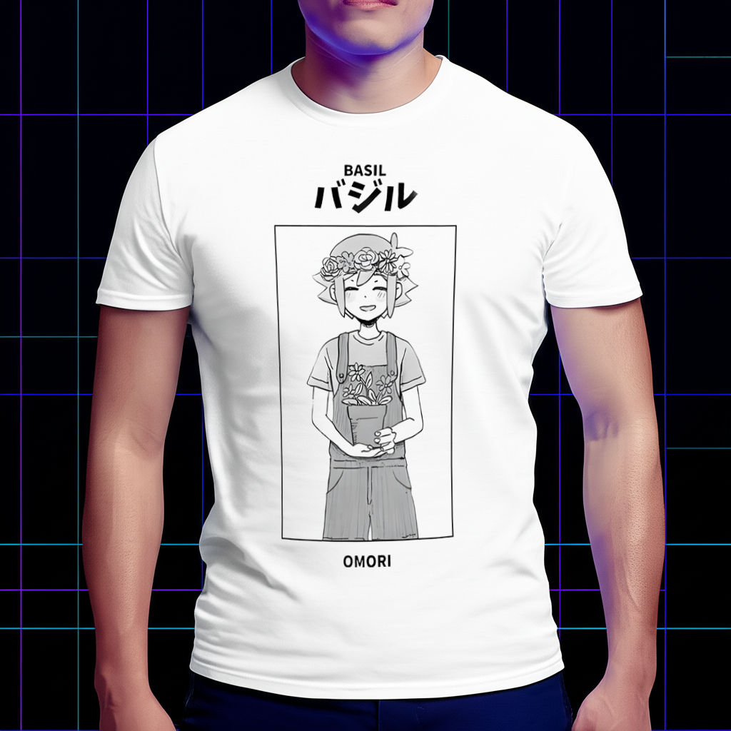 A model wearing the Omori Basil T-shirt in a lifestyle setting, showing the comfortable fit. Game-themed clothing, tribute fan wear