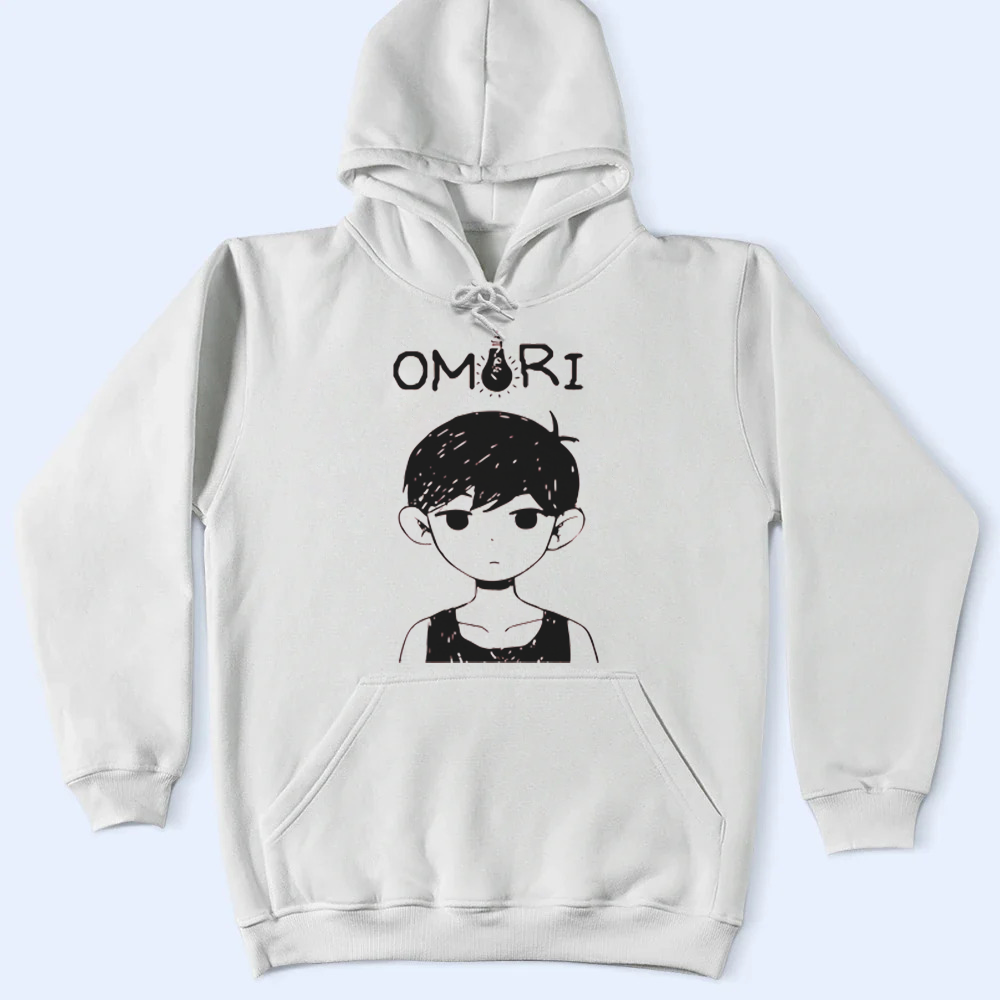 White hoodie with a graphic of a Omori and 'OMARI' text on a light blue background