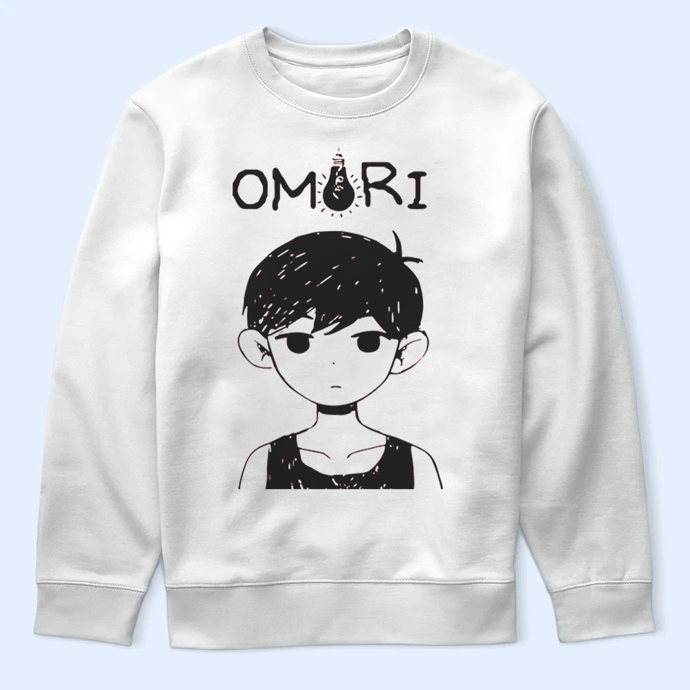 White sweatshirt with a graphic of Omori and 'OMORI' text on a light blue background