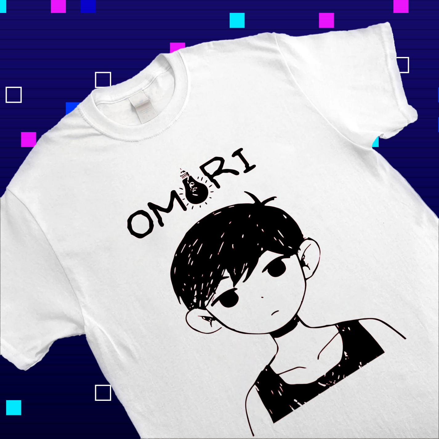 Close-up shot of the print on the Omori shirt, highlighting the sharp details of the character and logo. Omori apparel, game logo tee