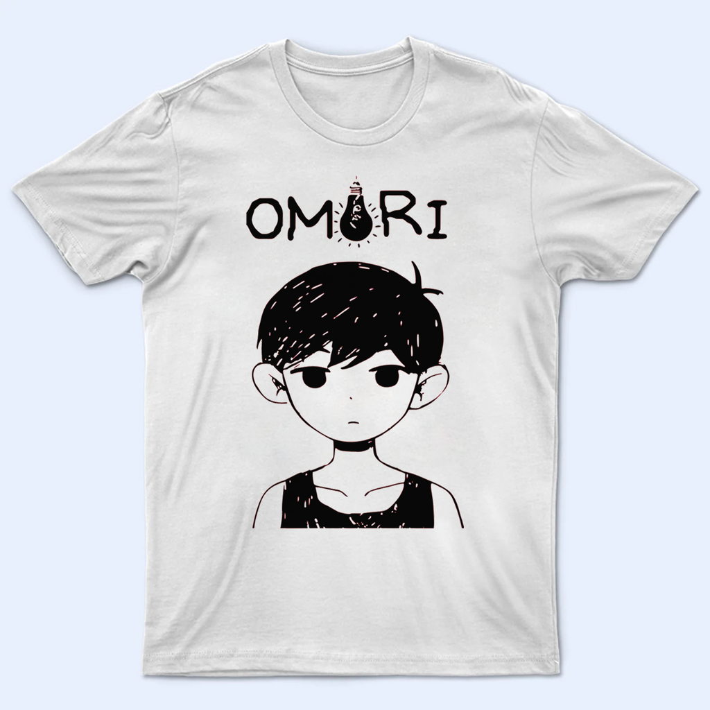 Front view of the Omori T-shirt, showcasing the main character Omori and the game's official logo. Omori shirt, classic game logo design