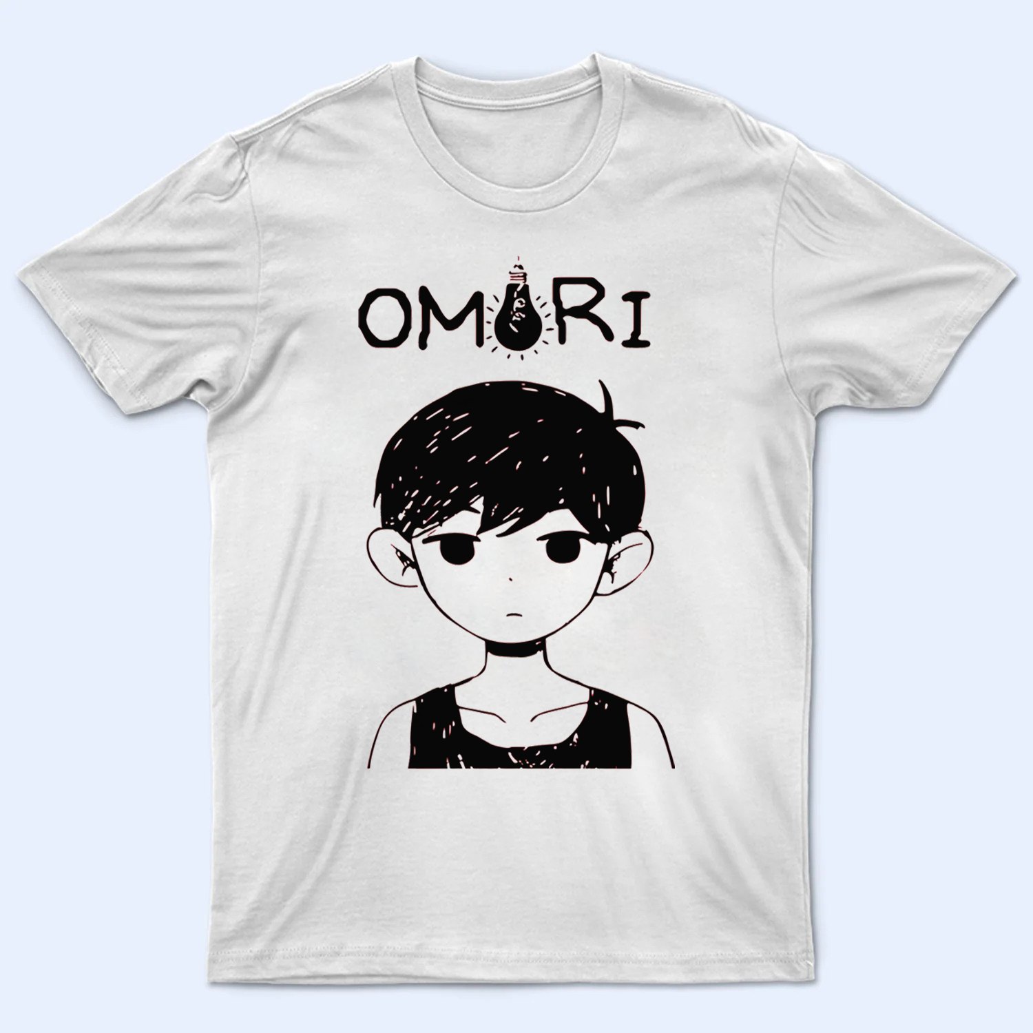 Front view of the Omori T-shirt, showcasing the main character Omori and the game's official logo. Omori shirt, classic game logo design